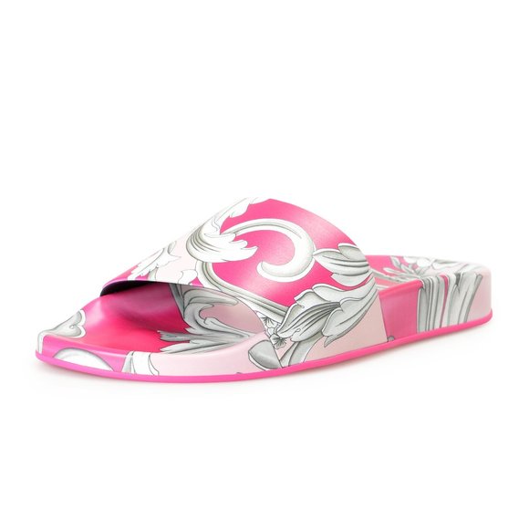 Versace Women's Fuxia & English Rose Barocco Print Pool Slide Flip Flops Shoes